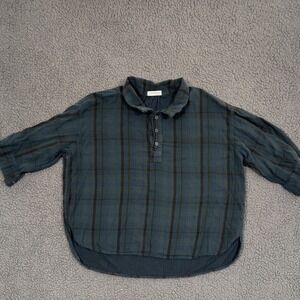 Free People x CP Shades Plaid Campfire Tunic Shirt Henley Top Blue Brown Cotton